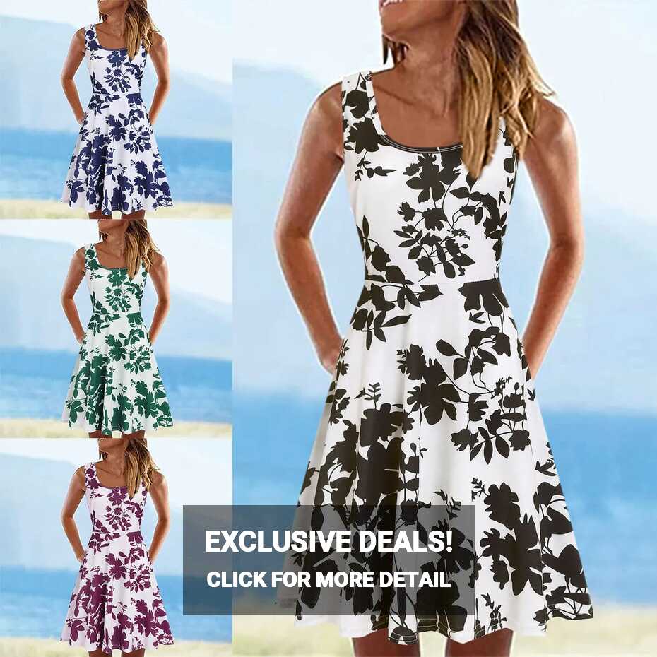 Women Summer Dress Sleeveless U-neck A-line Short Casual Printed ...