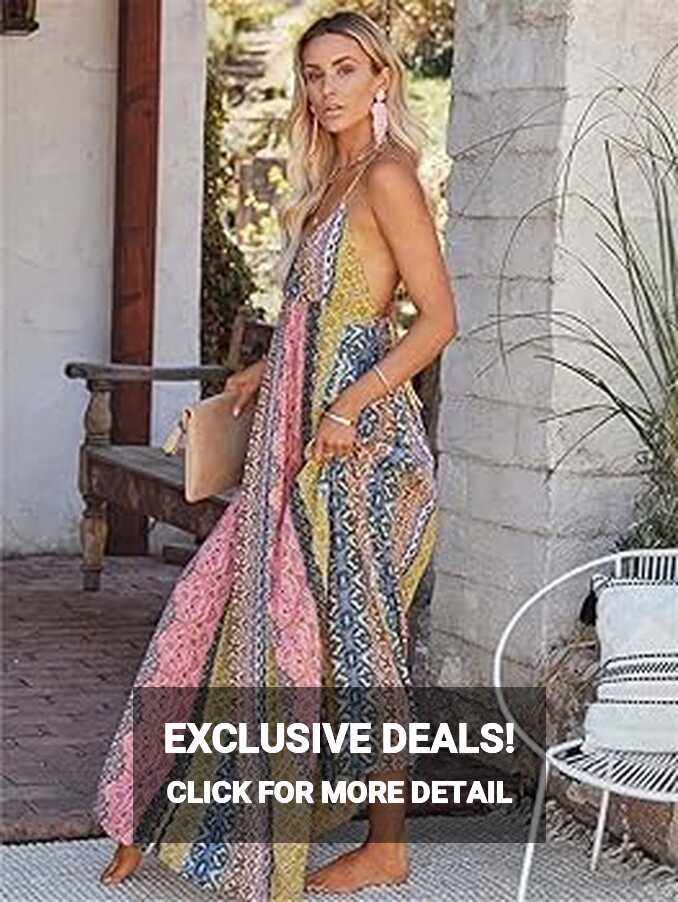 Women Summer Maxi Boho Party Long Dress Holiday V Neck Spaghetti ...