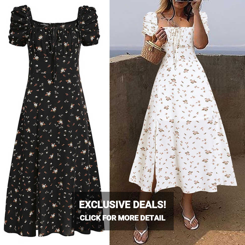 Women Summer Puff Short Sleeves Maxi Dress Floral Print Bohemian ...