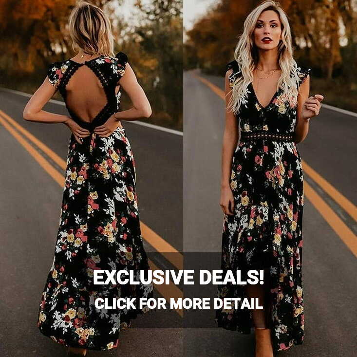 Women Summer Vintage Boho Long Maxi Dress Party Beach Dress Floral ...