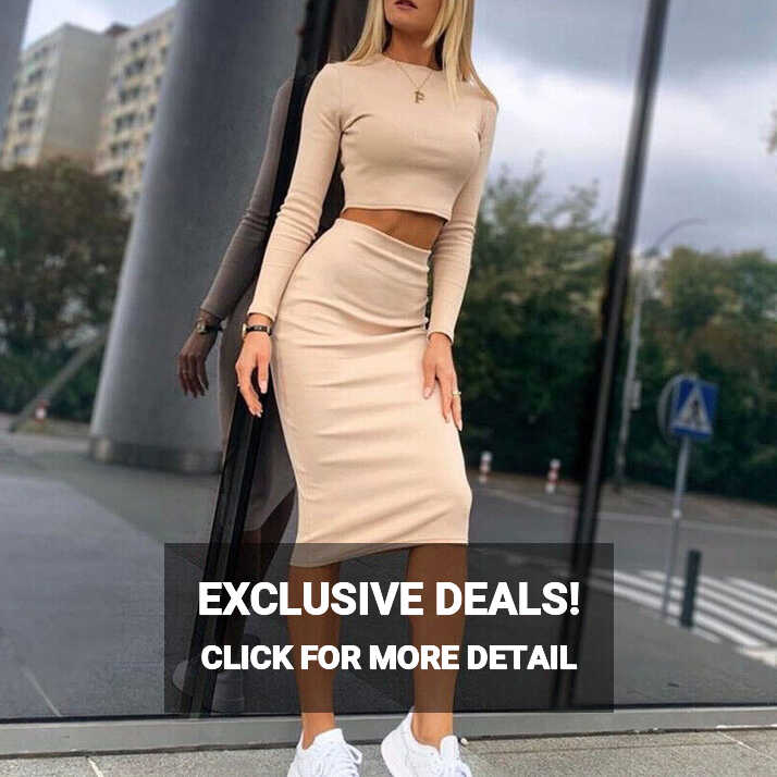 Women Two Piece Set Dress Long Sleeve Crop Tops Bodycon Skirt ...