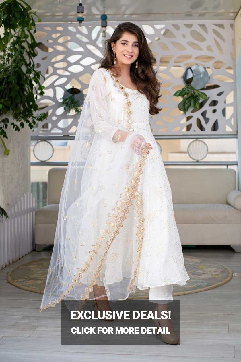 Women White Anarkali Kurta with Palazzo &amp; Dupatta by Label Shaurya ...