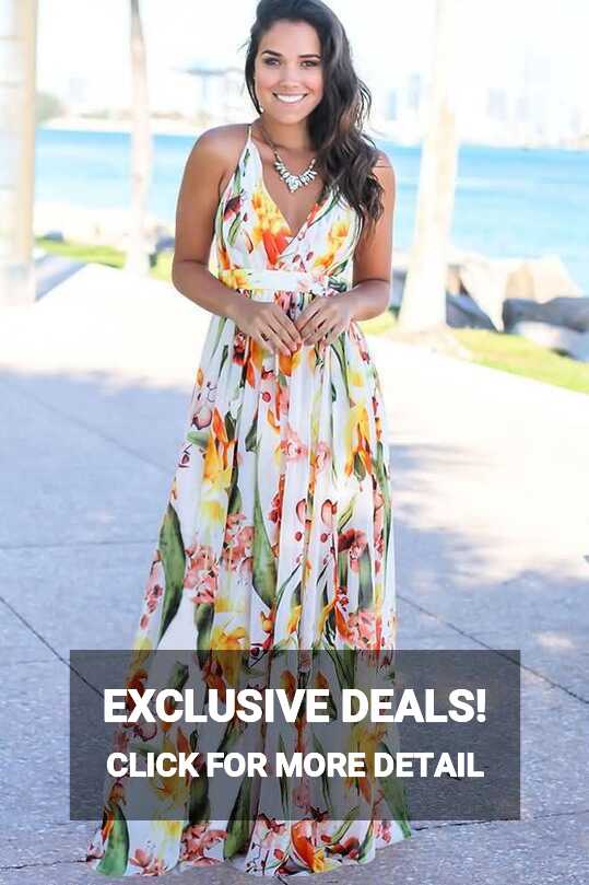 Women White Floral Print Wrap Crisscross Back V Neck Casual Maxi ...