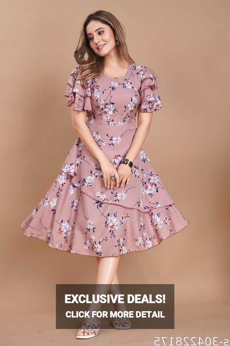 Women Wine &amp; White Floral Print Layered Knee Length Dress