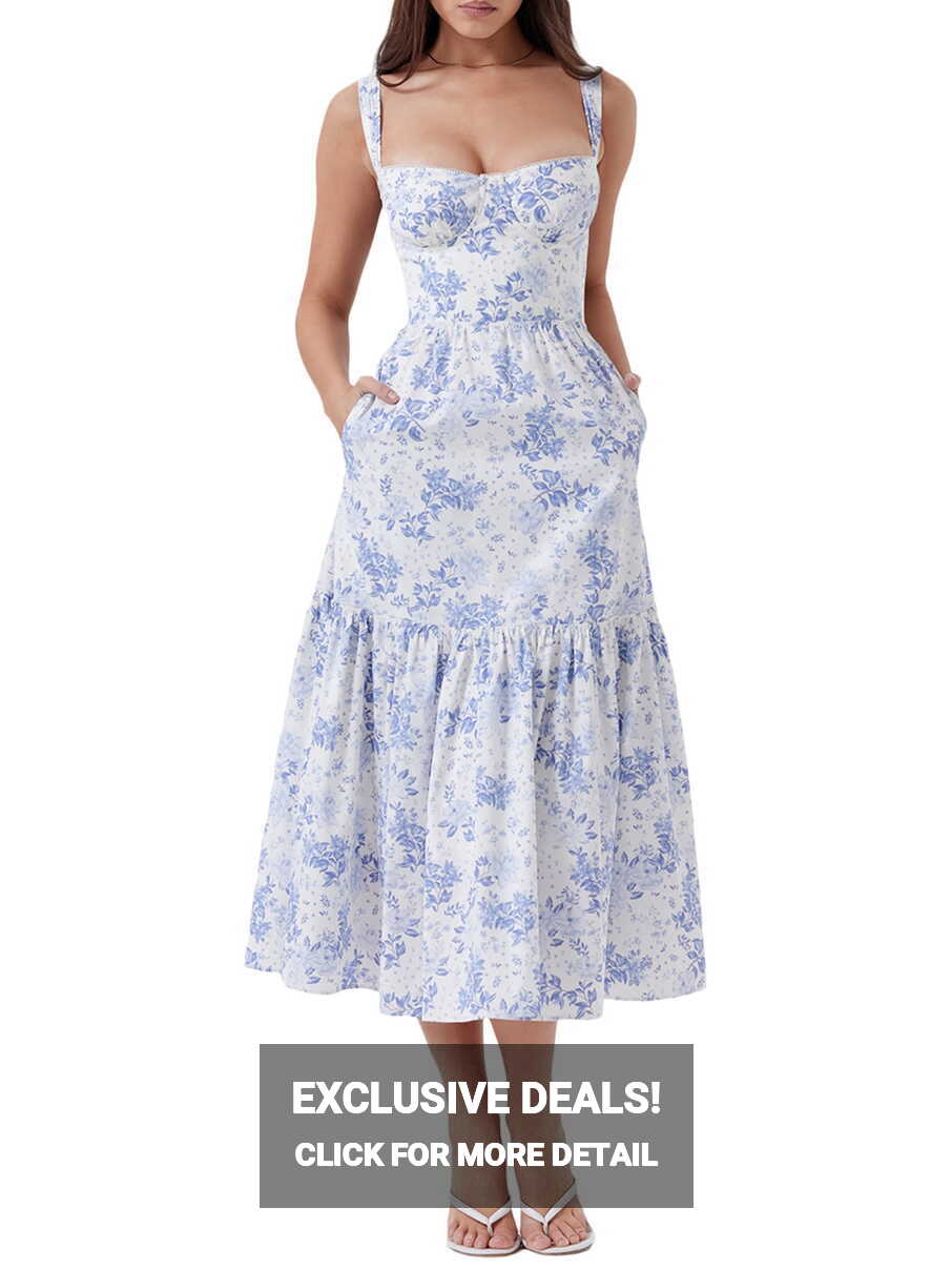 Women Y2k Floral Midi Corset Dress Boho Sleeveless Strap Square ...