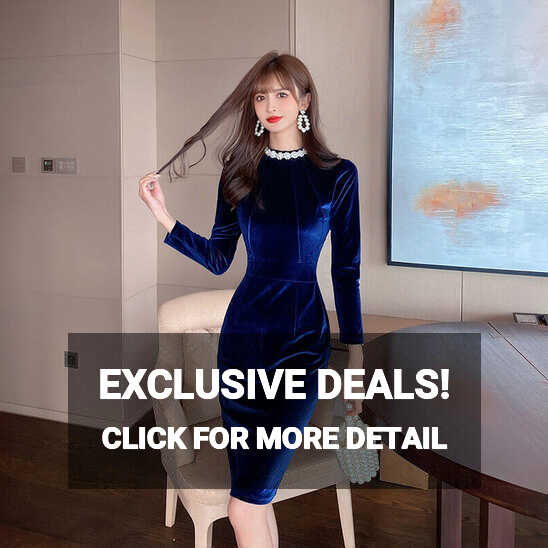 Womens Beaded Round Neck Long Sleeves High Waist Velvet Bodycon ...