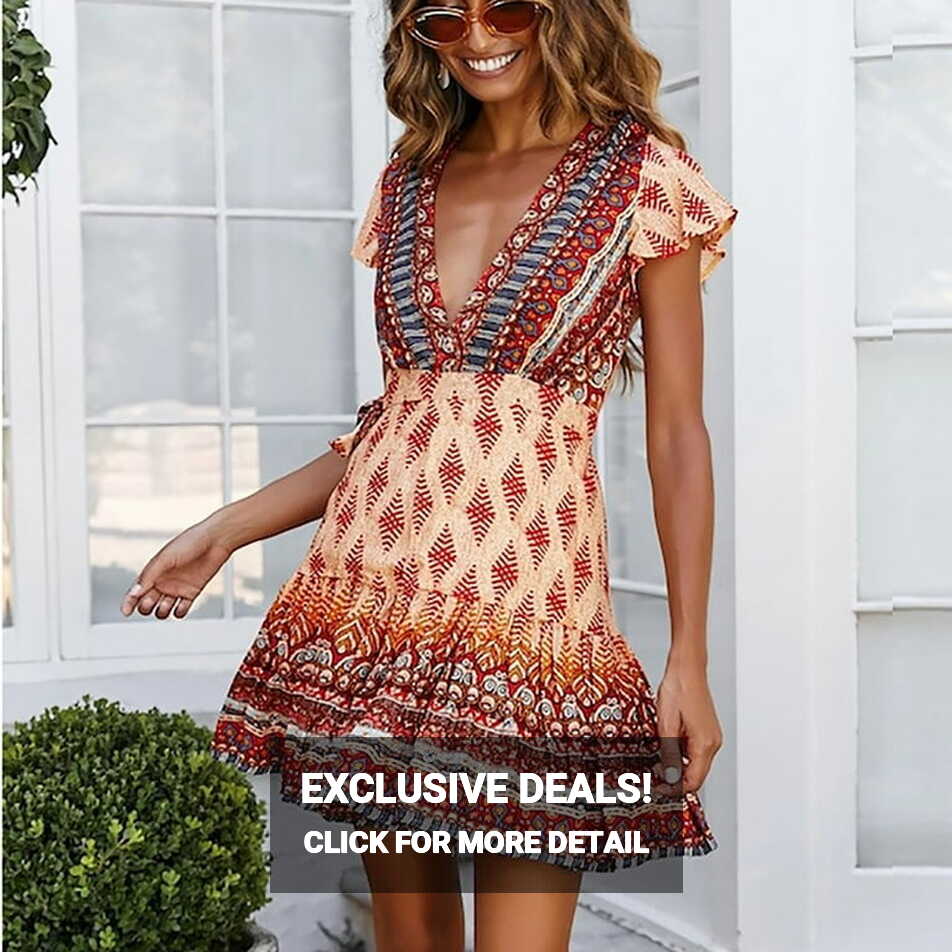 Womens Bohemian Floral Printed Mini Dress Deep V Neck Summer Short ...