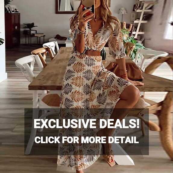 Womens Casual Boho Dress V-Neck Half Sleeve Long Maxi Summer Beach ...