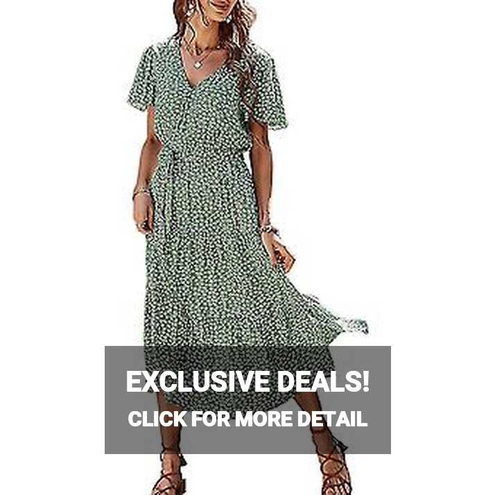 Womens Casual Floral Summer Maxi Dress Wrap V Neck Short Flutter ...