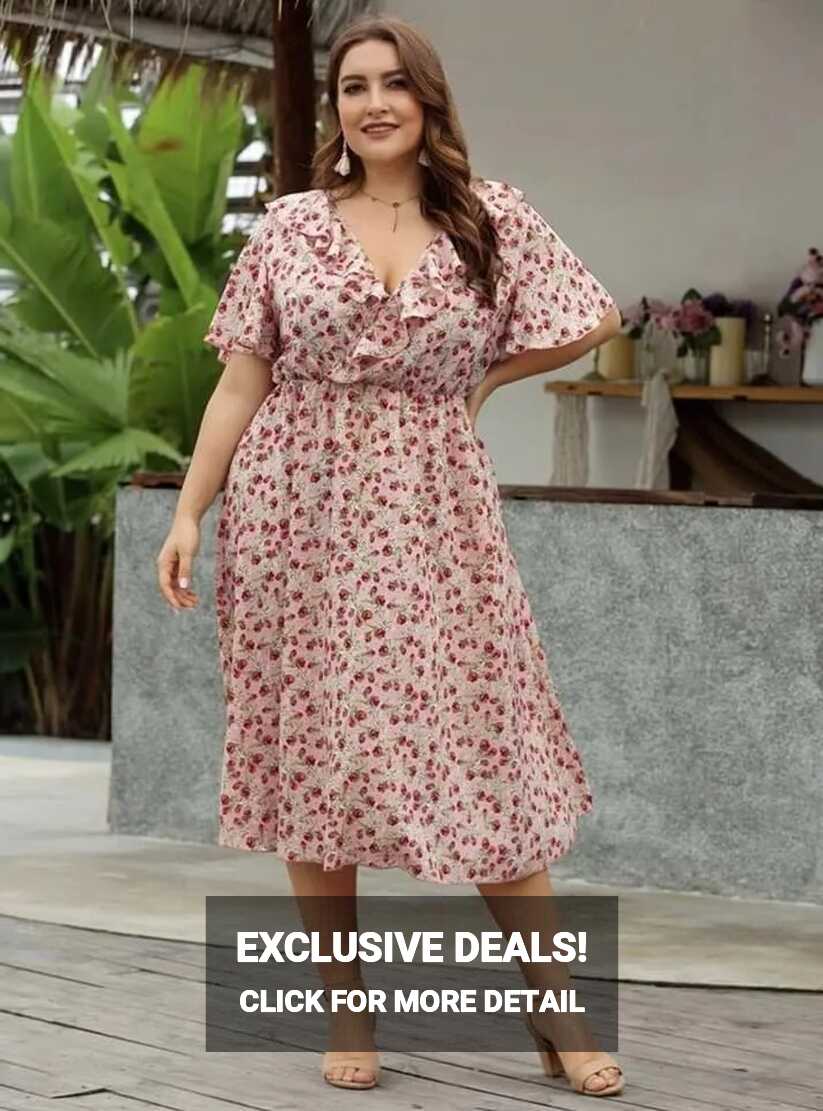 Womens Casual Formal Plus Size Dress V Neck Puff Sleeve Pink ...