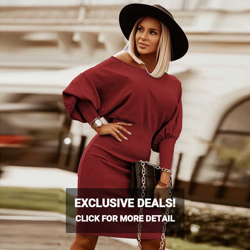 Womens Casual Knit Sweater Dress Puff Long Sleeve Fashion Plain ...