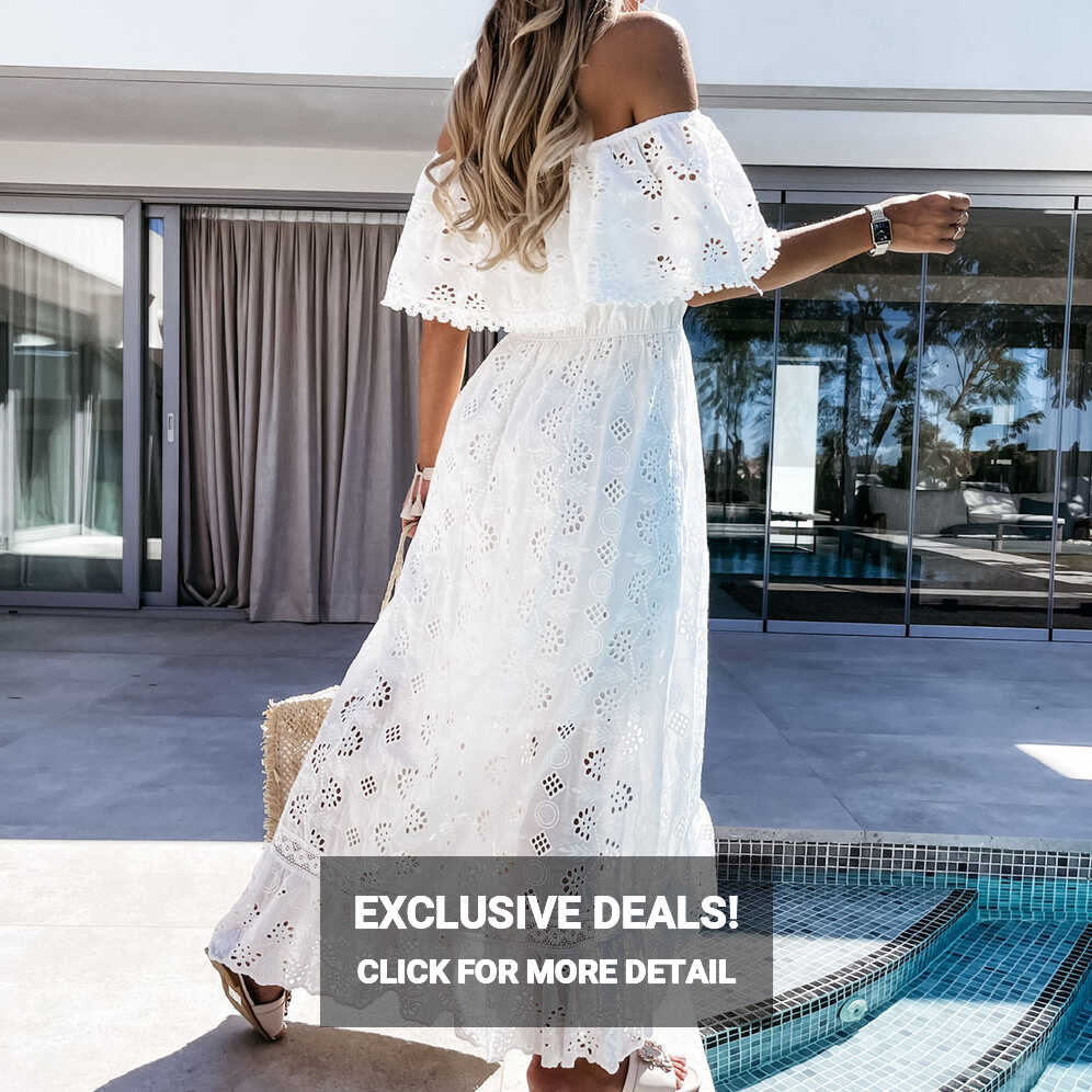 Womens Casual Off Shoulder Lace Long Dress White Wedding ...