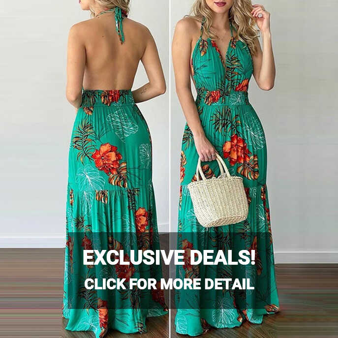 Womens Casual Tropical Halter Backless Maxi Dress Sleeveless Beach ...