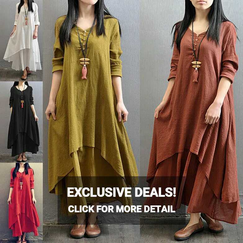 Womens Casual Tunic Solid Long Sleeve Maxi Dress V Neck Cotton ...