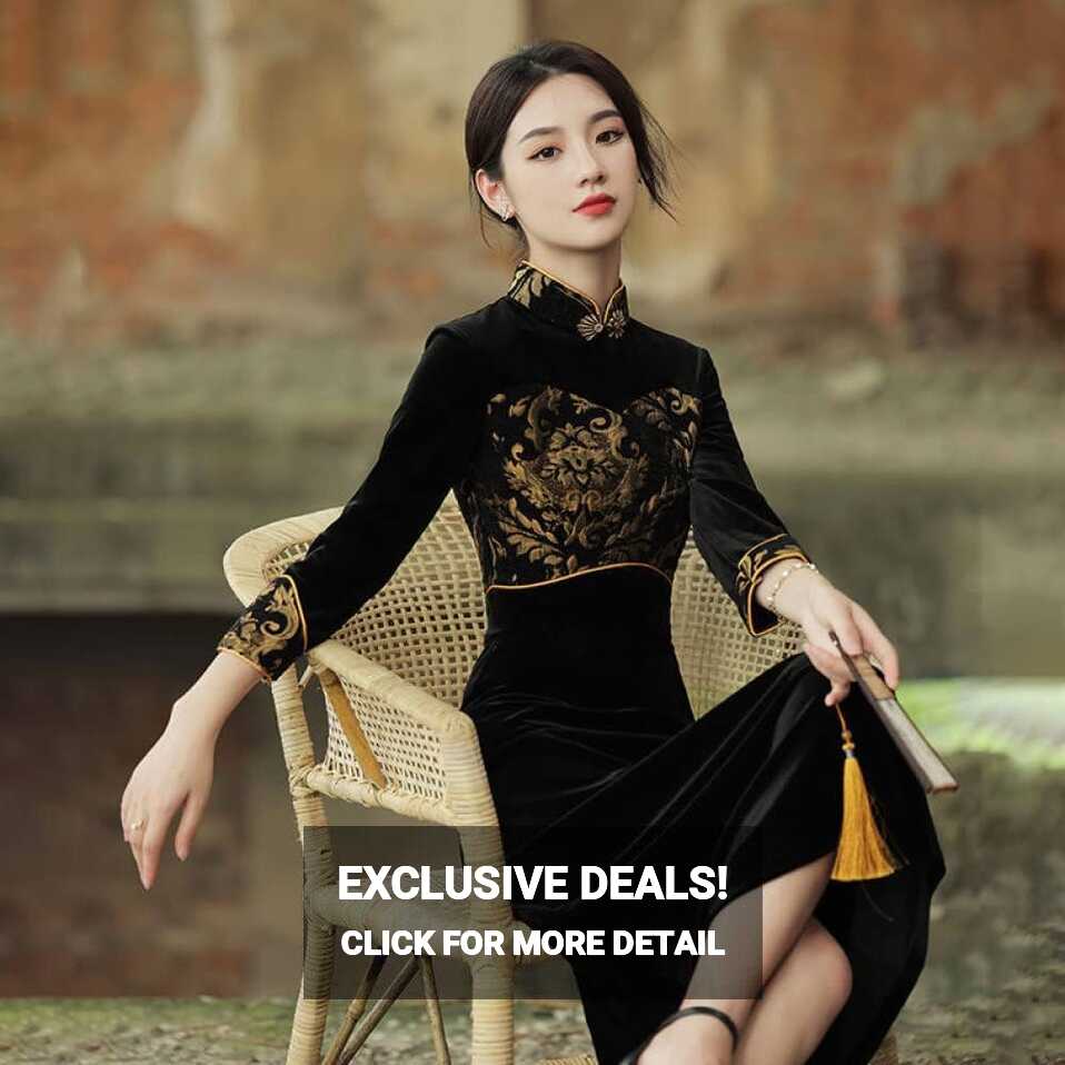 Womens Chinese Dress - Ethnic Style Harajuku Modern Qipao Black ...