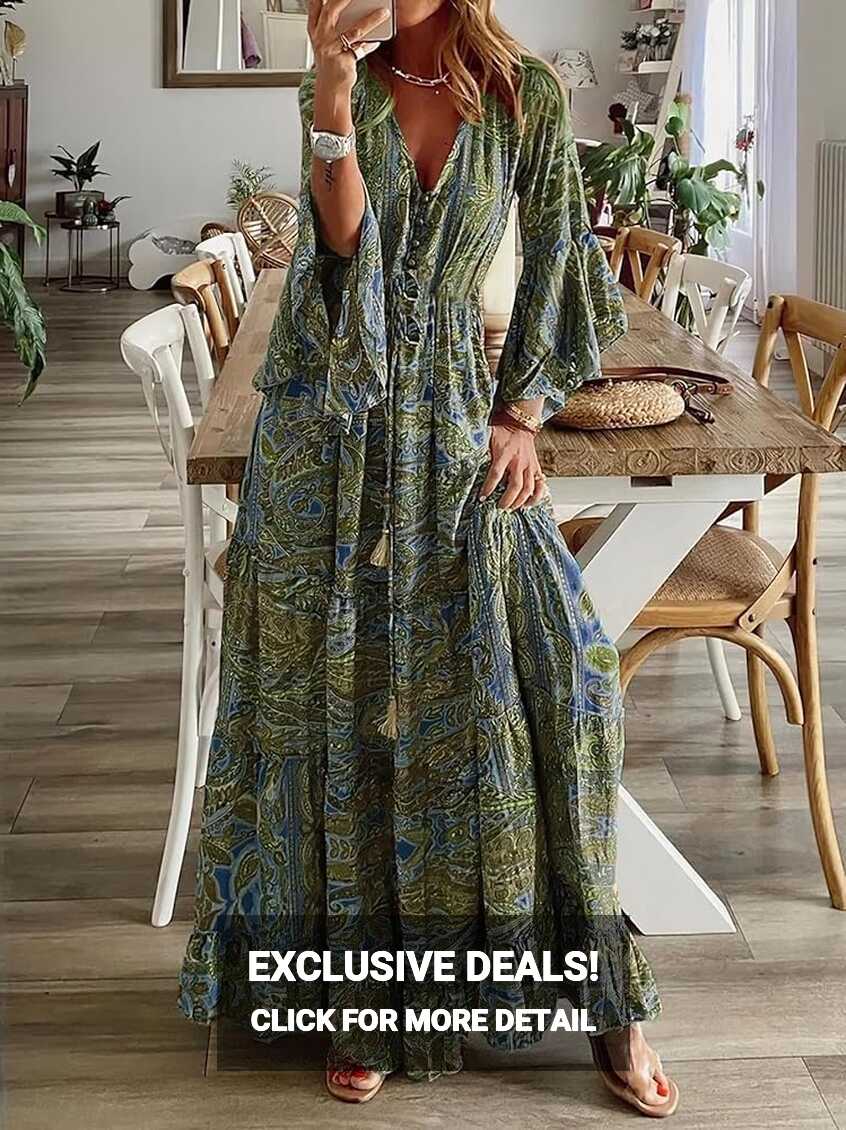 Womens Flowy Boho Floral Long Bell Sleeve Maxi Dress Casual Spring ...