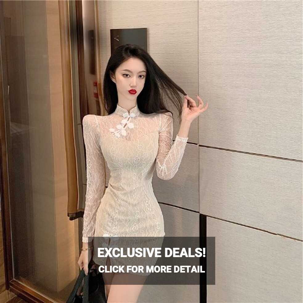 Womens Korean Fashion Floral Lace Slim Bodycon Qipao Dress Long ...