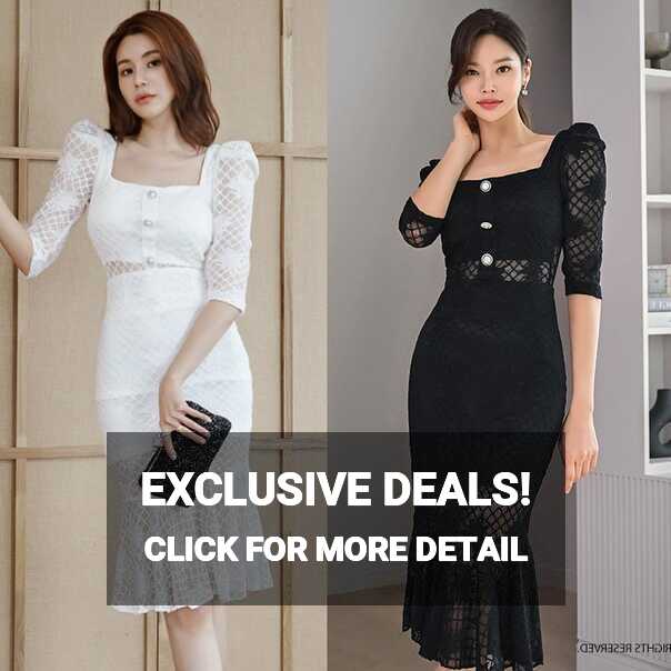 Womens Korean Square Neck 3/4 Sleeve Bodycon Dress Fishtail Lace ...