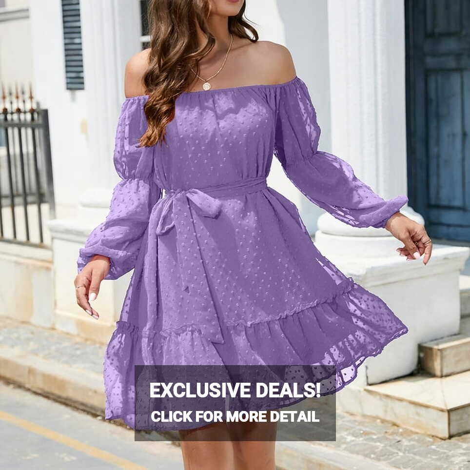 Womens Lace-up Dresses Square Neck Long Puff Sleeve Ruffle Elastic ...