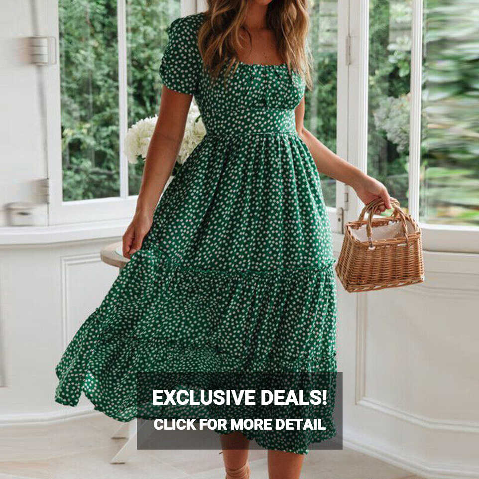 Womens Ladies Puff Sleeve Summer Floral Dress Square Neck Beach ...