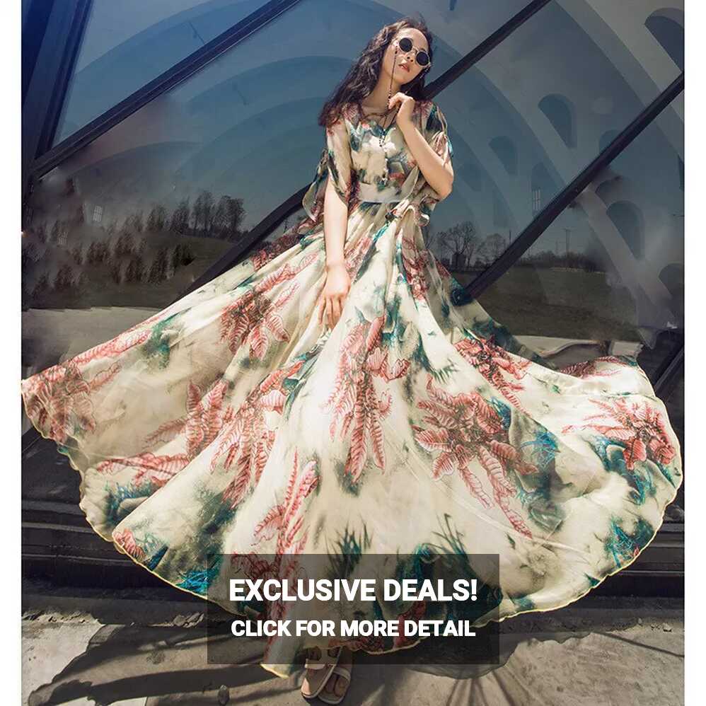 Womens Lady Boho Sleeve Floral Long Maxi Summer Beach Dress ...