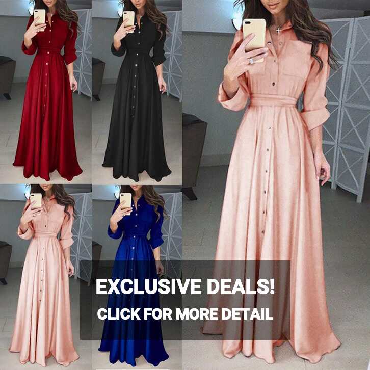 Womens Lady Casual Fashion Long Sleeve Lapel Maxi Long Dress Solid ...