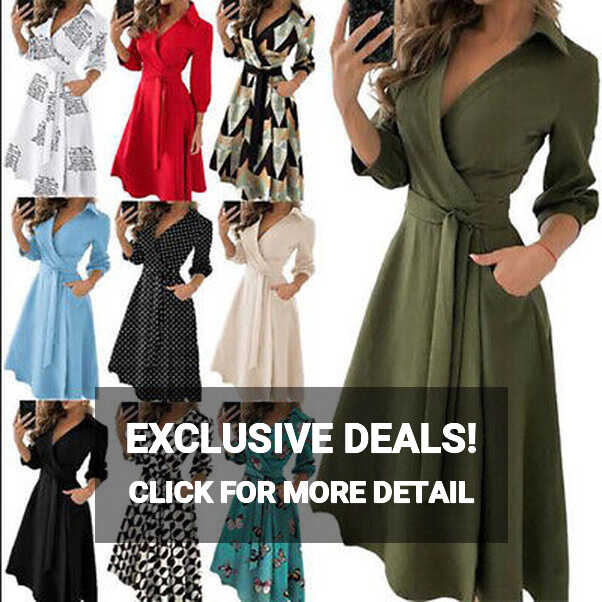 Womens Long Sleeve Floral Maxi Dress Ladies Casual Lace Up Pocket ...