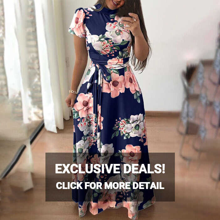 Womens Long Sleeve Floral Maxi Dress Ladies Evening Party Lace Up ...