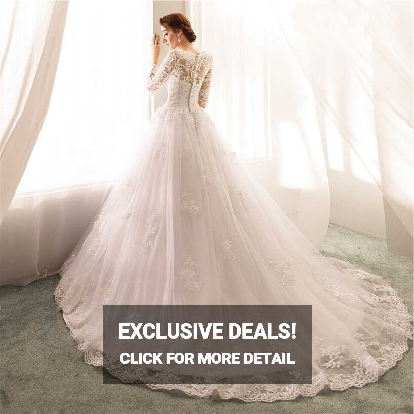 Womens Long Sleeve Lace Appliques Wedding Gown Elegant Wedding ...