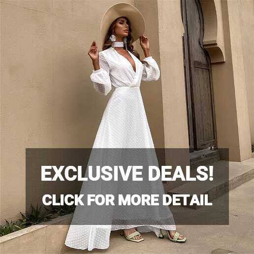 Womens Maxi White Dress Print Long Sleeve Chiffon Casual Flowy ...