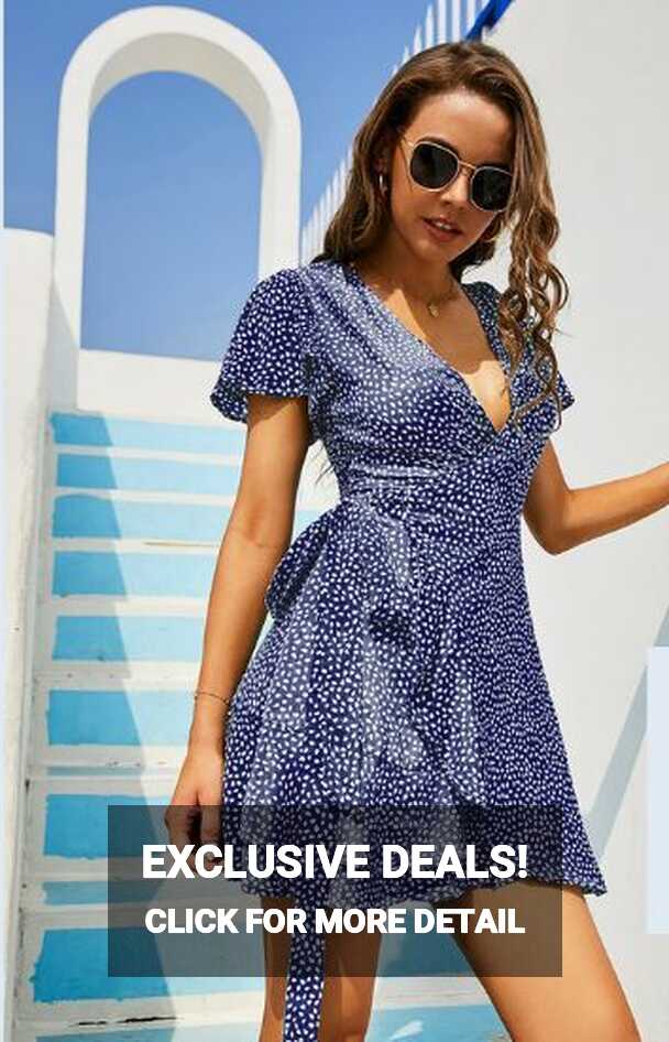 Womens Polka Dot Wrap V Neck Mini Dress Summer Beach Ruffles Hem ...