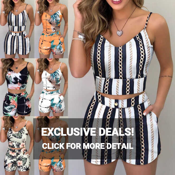 Womens Print Strappy Crop Top+Shorts Summer Holiday Co-ord Two ...