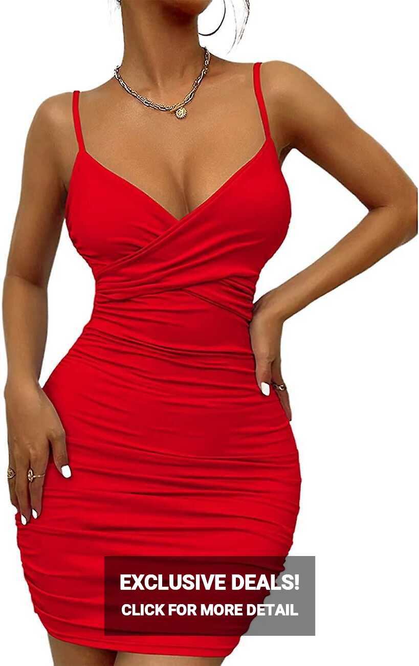 Womens Sexy Bodycon Party Dresses Spaghetti Strap Ruched Mini Club ...