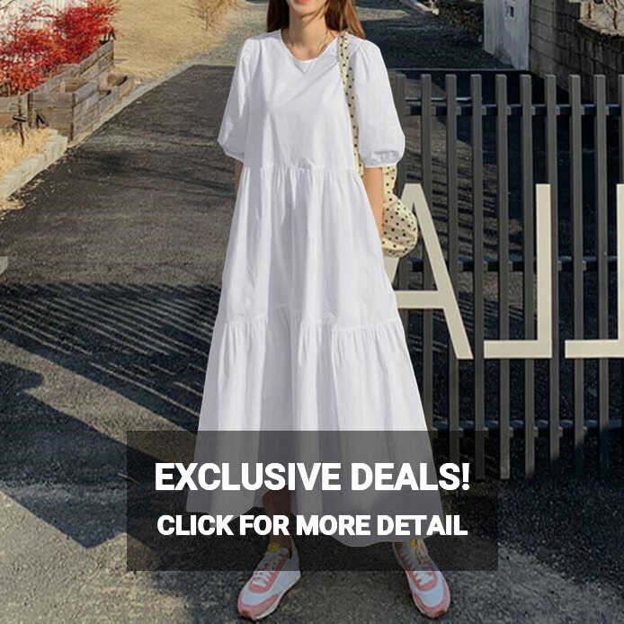 Womens Short Sleeve A-line Maxi Dress Linen Cotton Summer Tiered ...