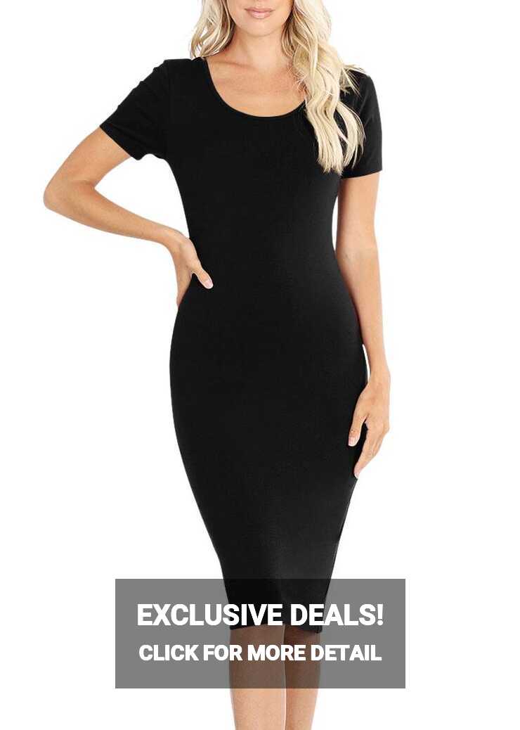 Womens Short Sleeve Bodycon Fitted Knee Length Midi Dress ...