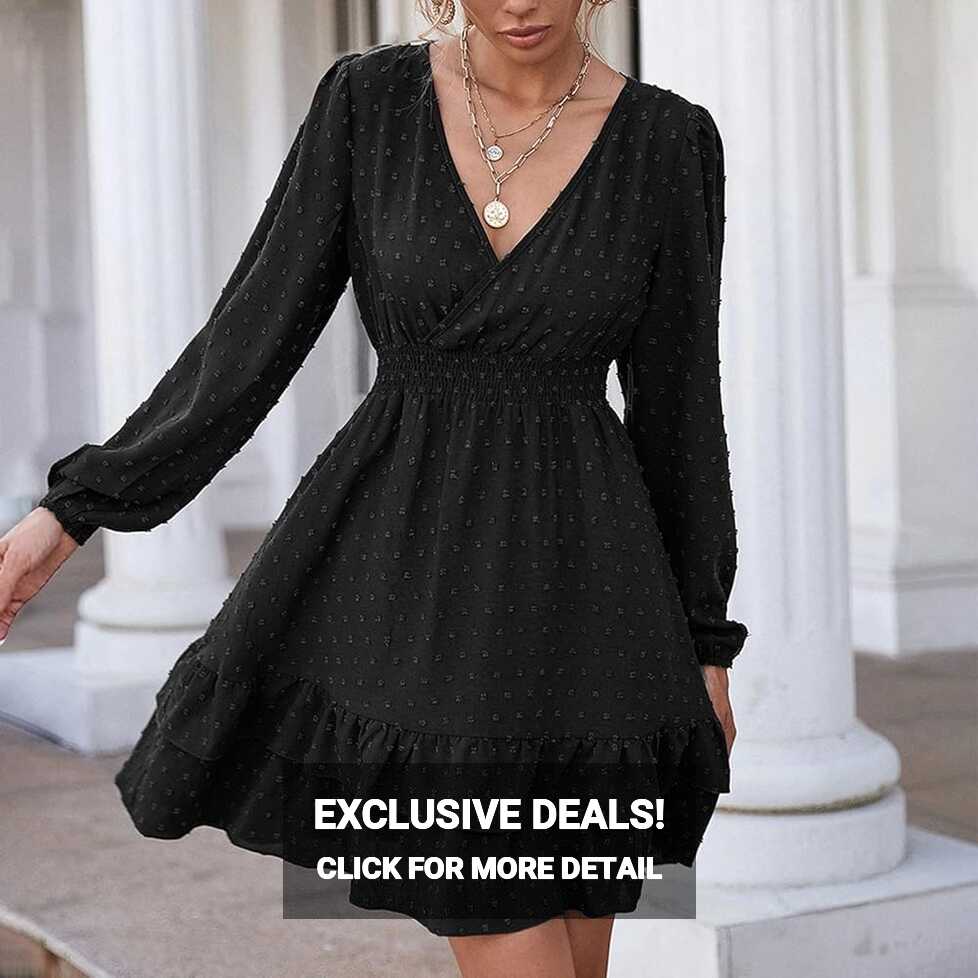 Womens Summer Short Sleeve V Neck Mini Dress Chiffon Dot Flowy ...