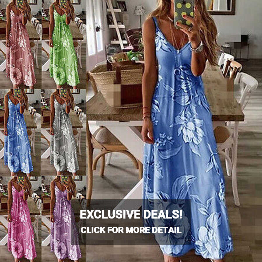 Womens Summer Sleeveless Flower Print Long Maxi Evening Party ...