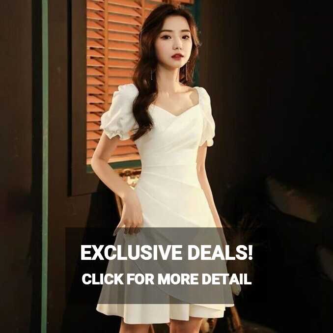 Womens White Dress Elegant V Neck Short Puff Sleeves High Waist ...