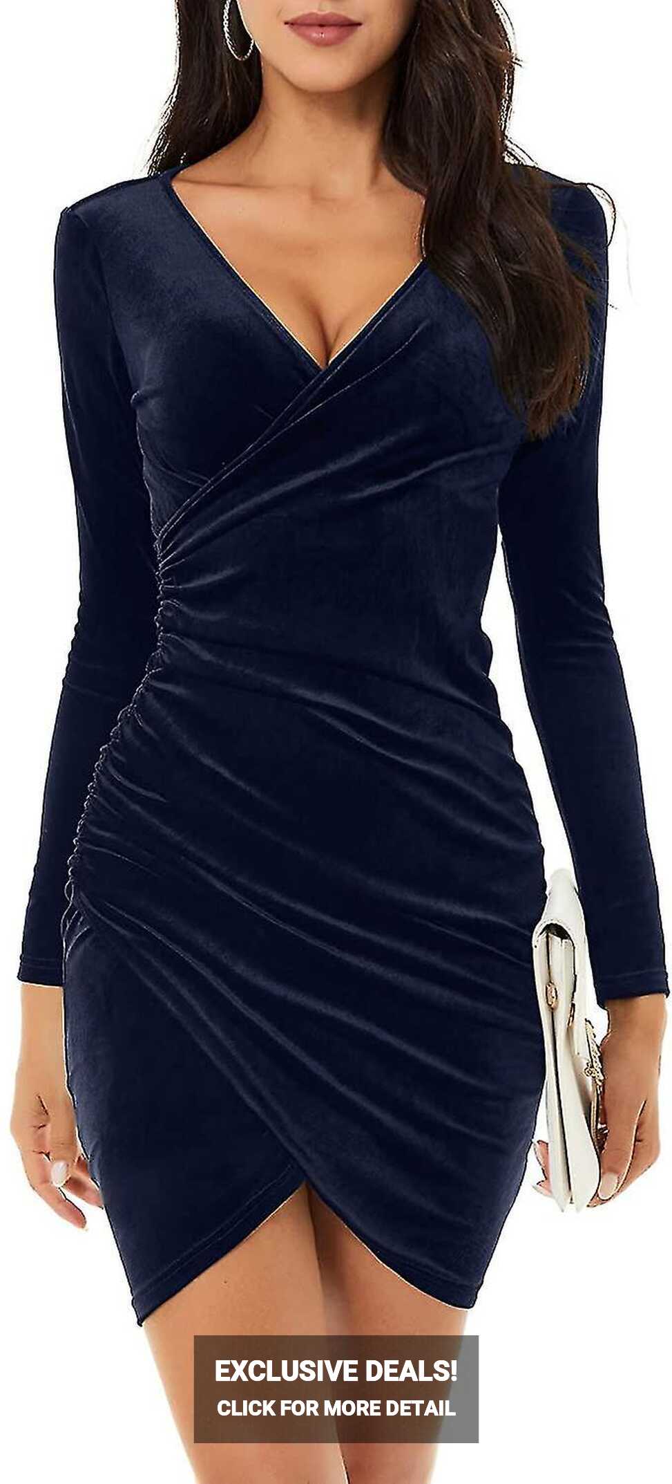 Womens Wrap V Neck Long Sleeve Velvet Bodycon Ruched Cocktail ...