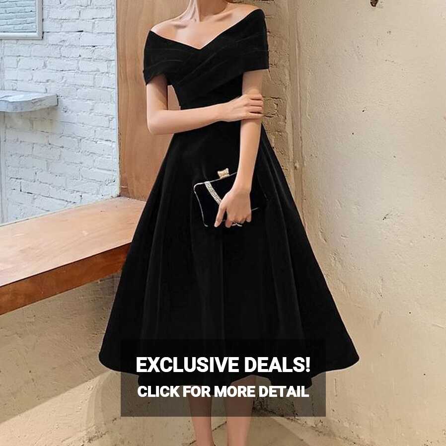 Wospe - Off-Shoulder Plain Midi A-Line Cocktail Dress | YesStyle