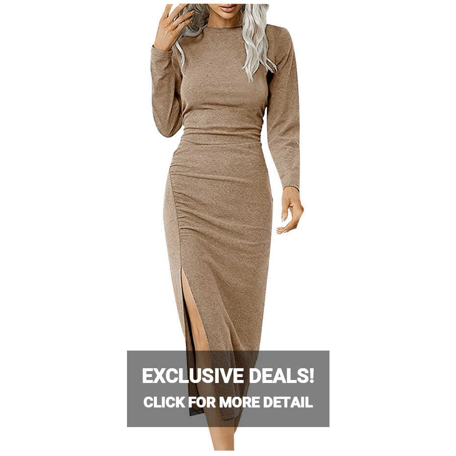 XFLWAM Women&#39;s Long Sleeve Dresses Casual Bodycon Dress Crew Neck ...