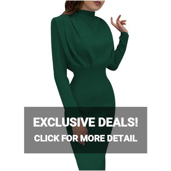 XFLWAM Women&#39;s Pencil Work Dresses Long Sleeve High Neck Bodycon ...