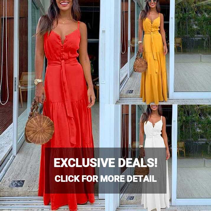 XIANGBEI Women Summer Spaghetti Strap Sexy V-Neck Button Maxi Long ...