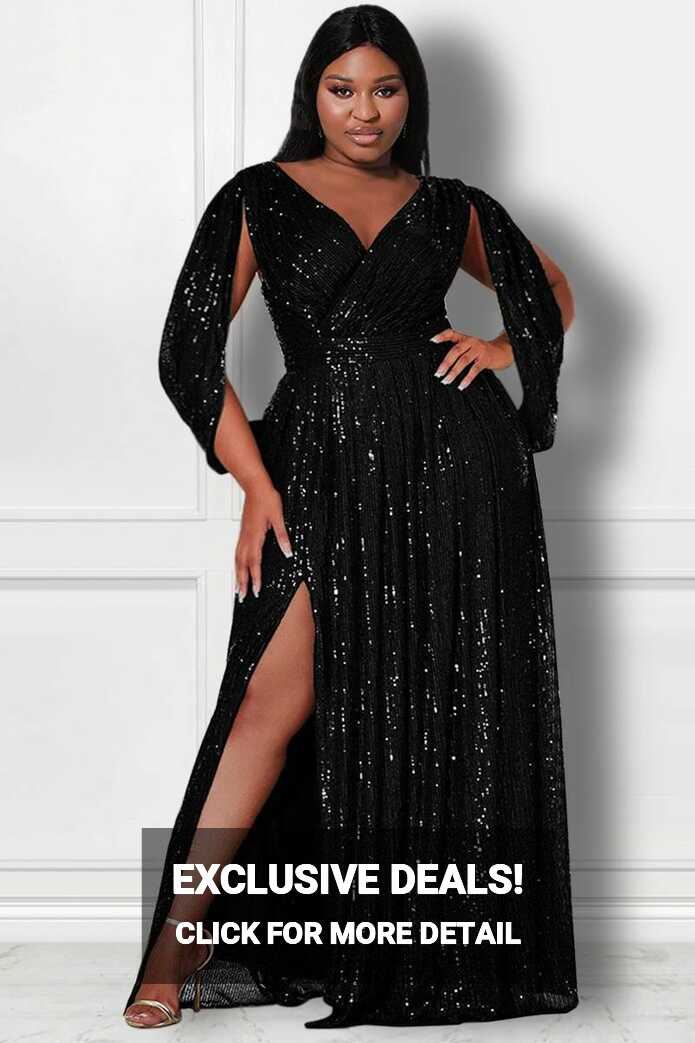 Xpluswear Design Plus Size Black Formal Sequin High Slit Maxi Dresses