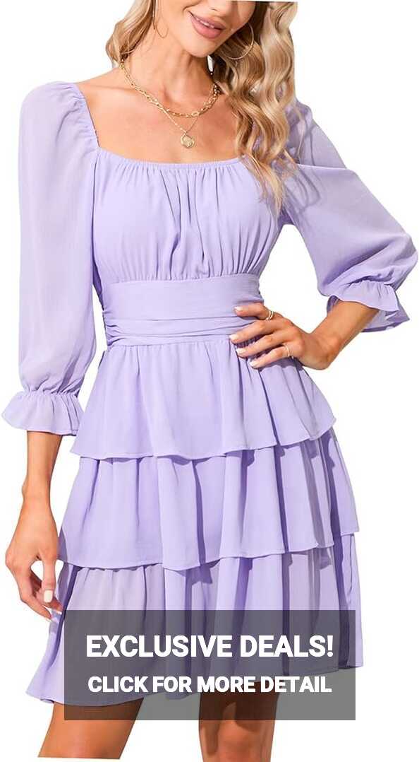 Xuepelit Women Square Neck Tie Back Ruffle Dress Long Sleeve ...