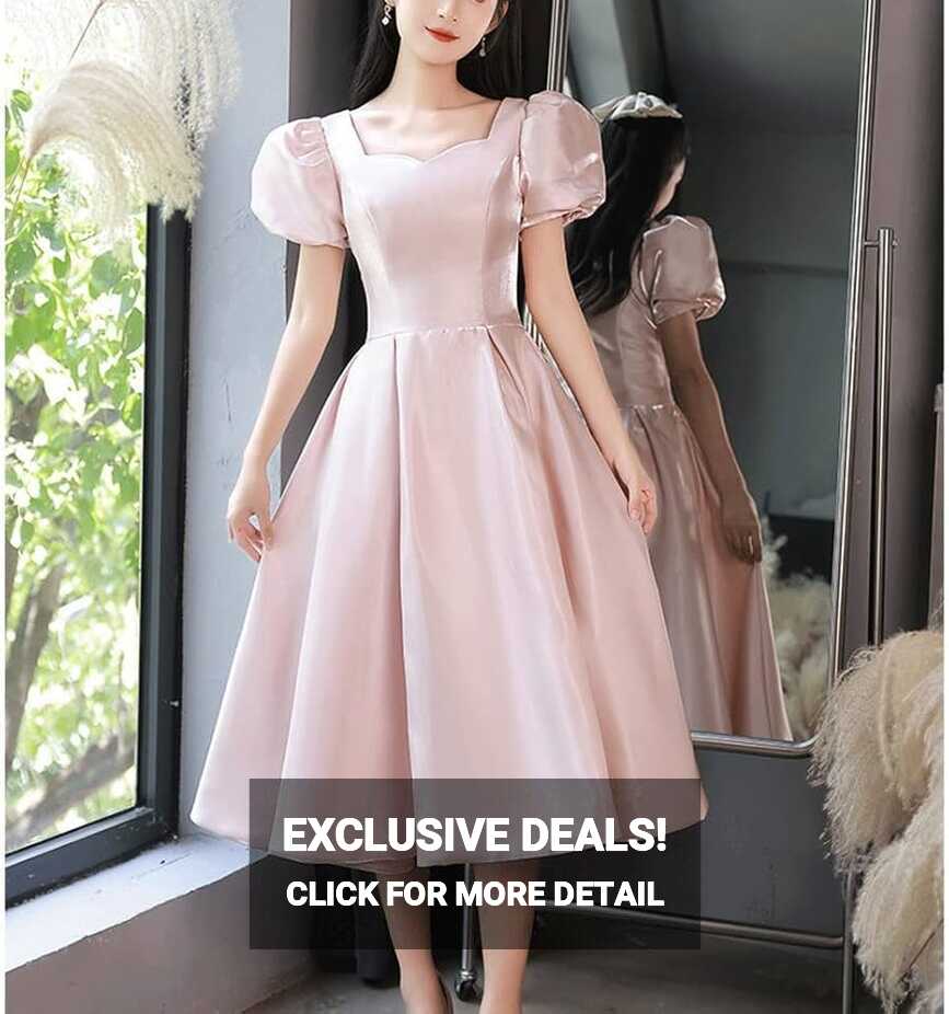 YEBDD Pink Bridesmaid Dress French Style Simple Solid Mid-Length A ...