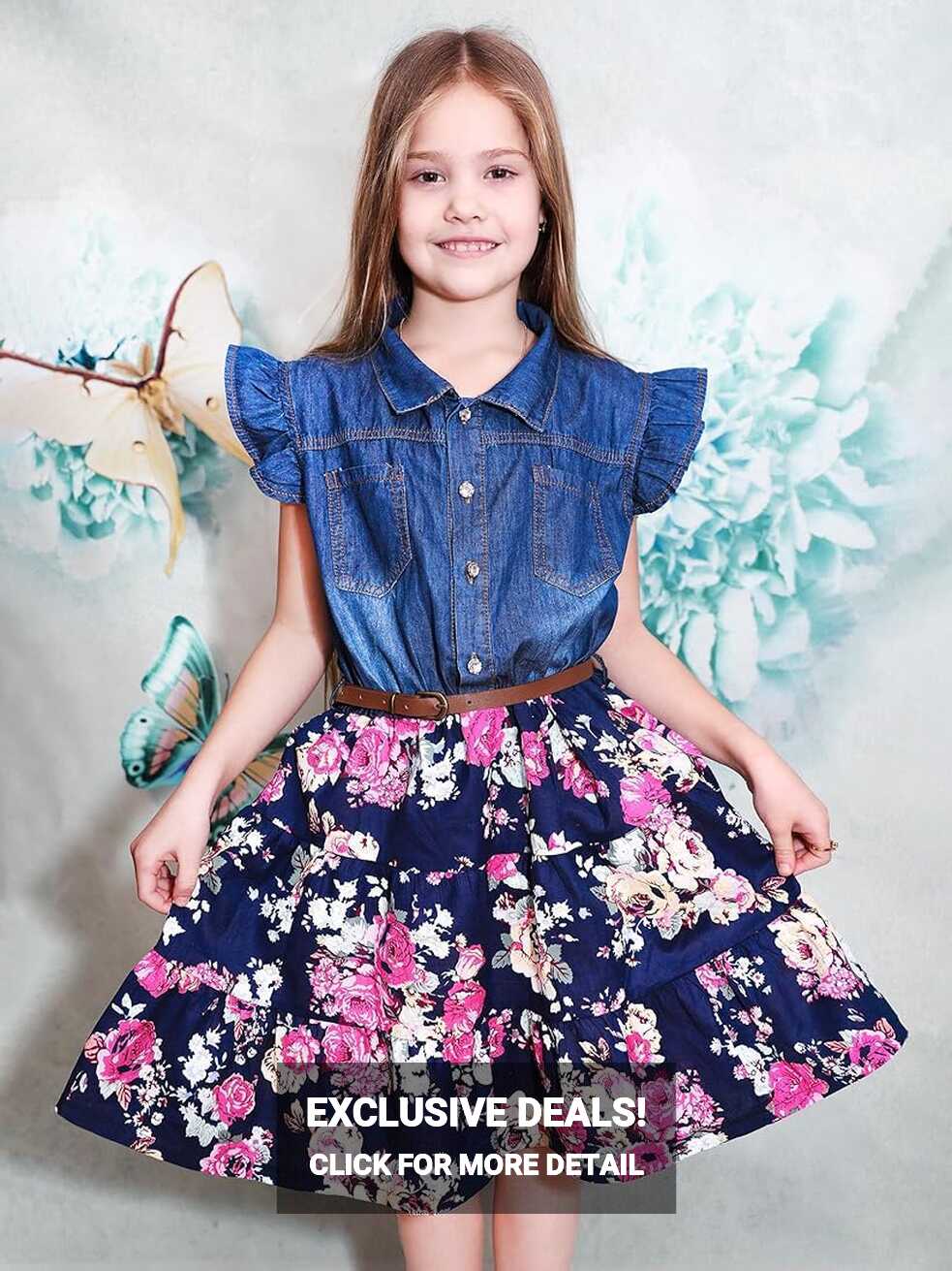 YJ.GWL Girls Dresses Denim Floral Swing Skirt with Belt, Blue ...