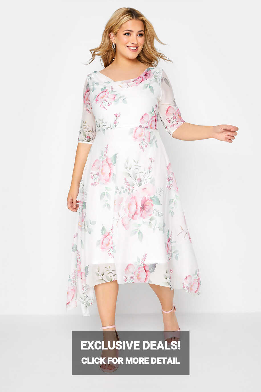 YOURS LONDON Plus Size White Floral Cowl Dress | Yours Clothing