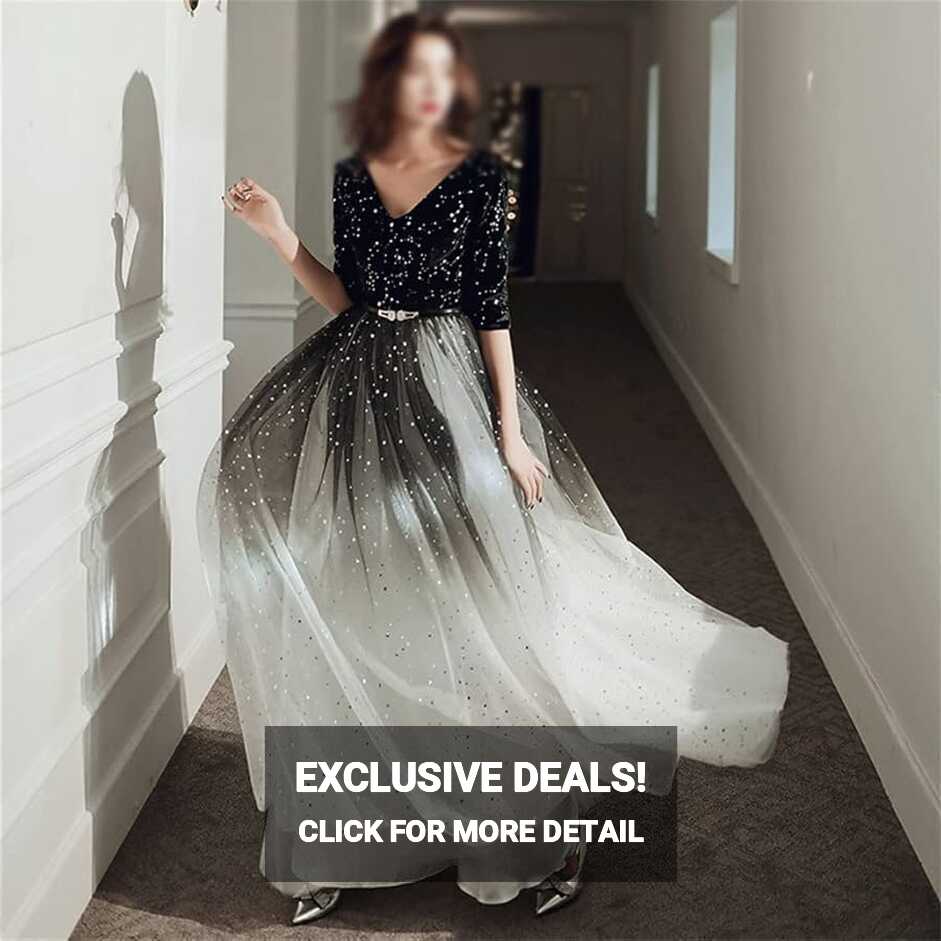 YXBDN Evening Dresses Long Simple A-Line V Neck Half Sleeve Tulle ...