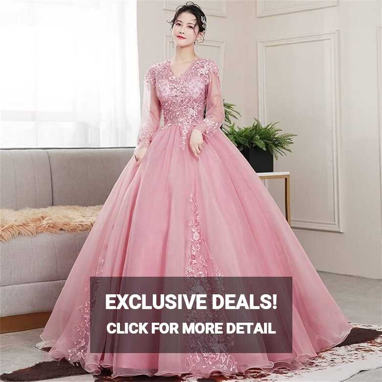 YXBDN Pink Sweet Dresses Princess Prom Gown Lace Embroidery Pearls ...